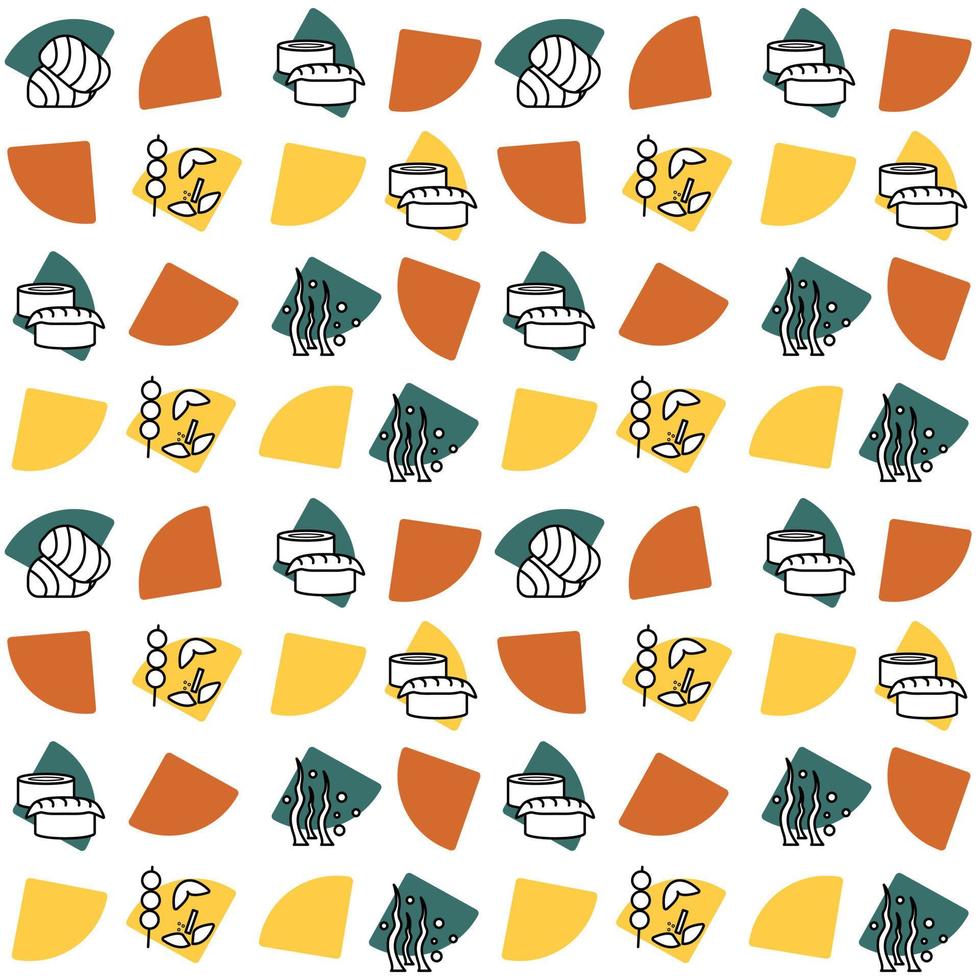 Seamless pattern with sushi, rolls, sweets, fish, seaweed. Asian food. Vector illustration.