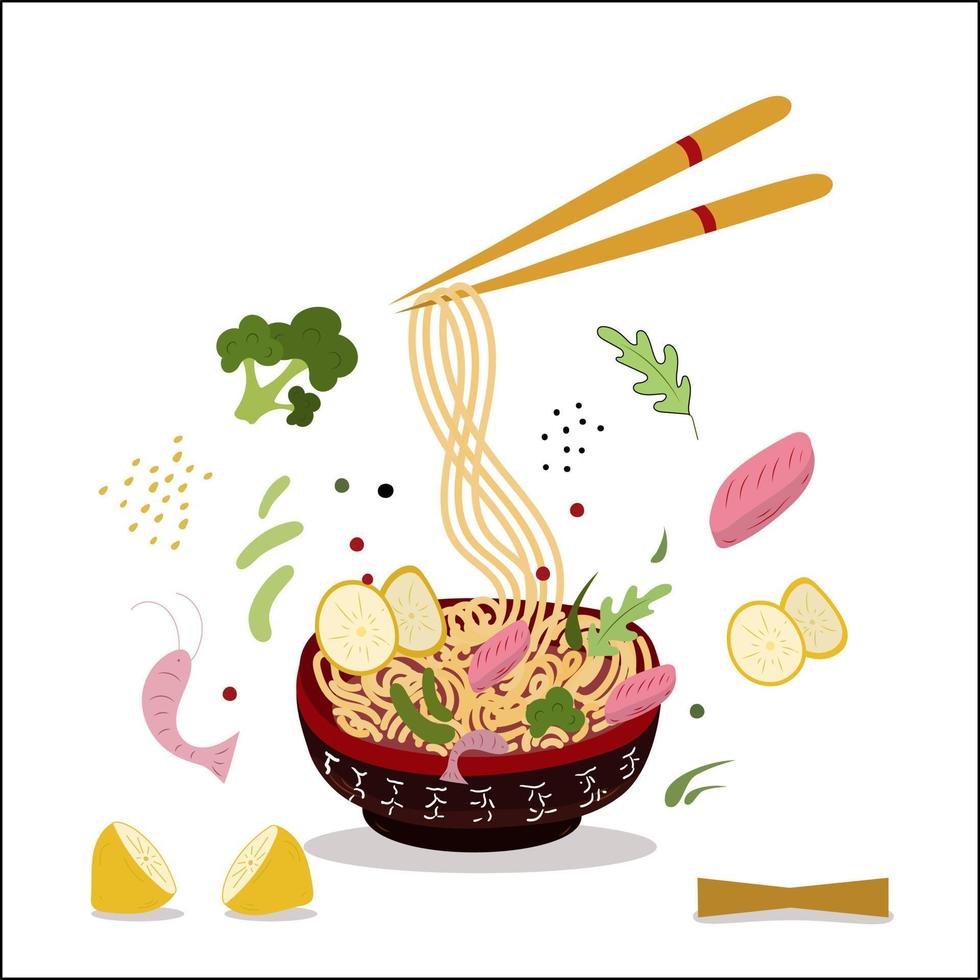 Asian food Box with noodles in plate and ingredients. Vector illustration