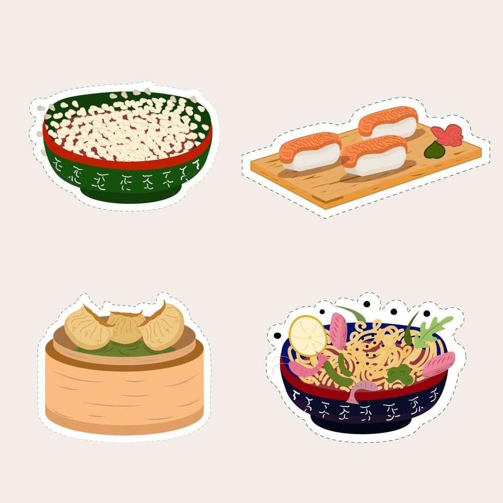 Stickers Asian eat food. Vector illustration. Rice, sushi, Chinese dumplings, wok noodles