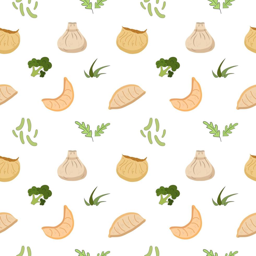 Seamless pattern with greenery and chinese dumplings dim sum, Gyoza. Asian food. Vector illustration