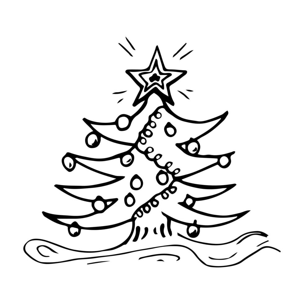 árbol de navidad dibujo de árbol de abeto. bolas, estrella y guirnalda. ilustración vectorial blanco y negro vector