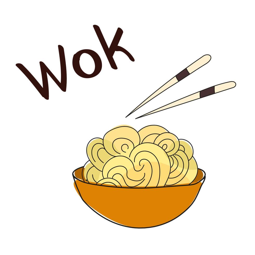 Plate with noodles and chopstick. Wok Asian food. Vector illustration
