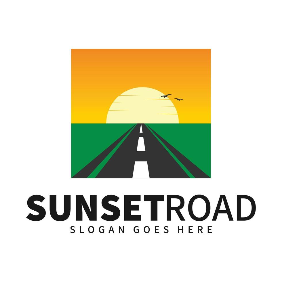 Sunset road trip logo vector with highway travel icon and sunrise landscape
