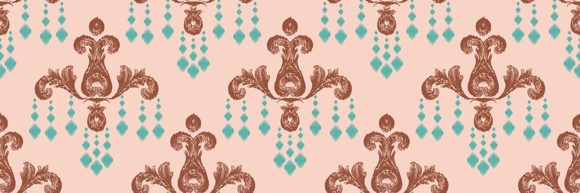 Ikat Damask Scandinavian embroidery, ikat seamless pattern tribal background, Ancient style Digital textile Asian Design ancient art for Prints Fabric saree Mughal Swaths texture Kurti Kurtis Kurtas vector