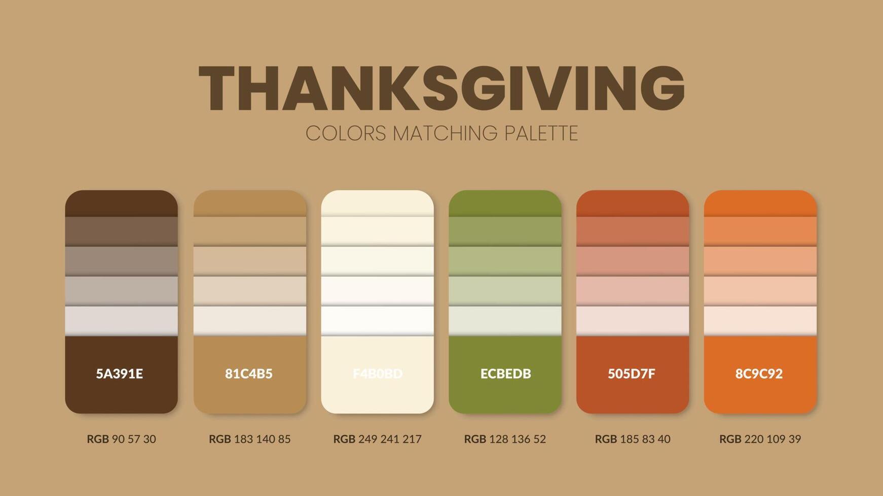 Thanksgiving color scheme. Color Trends combinations and palette guide. Example of table color shades in RGB and HEX. Color swatch for fashion, home, interiors design 2022. Colour chart idea vector. vector