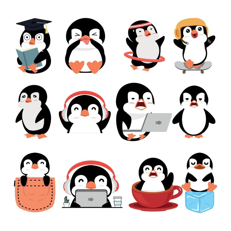 conjunto de personajes de pingüinos de dibujos animados en diferentes poses vector