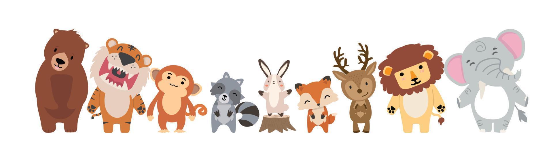 Set of Forest Animals flat doodle vector
