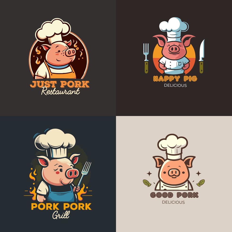 Pig chef logo mascot illustration for pork grill bbq restaurant branding vector