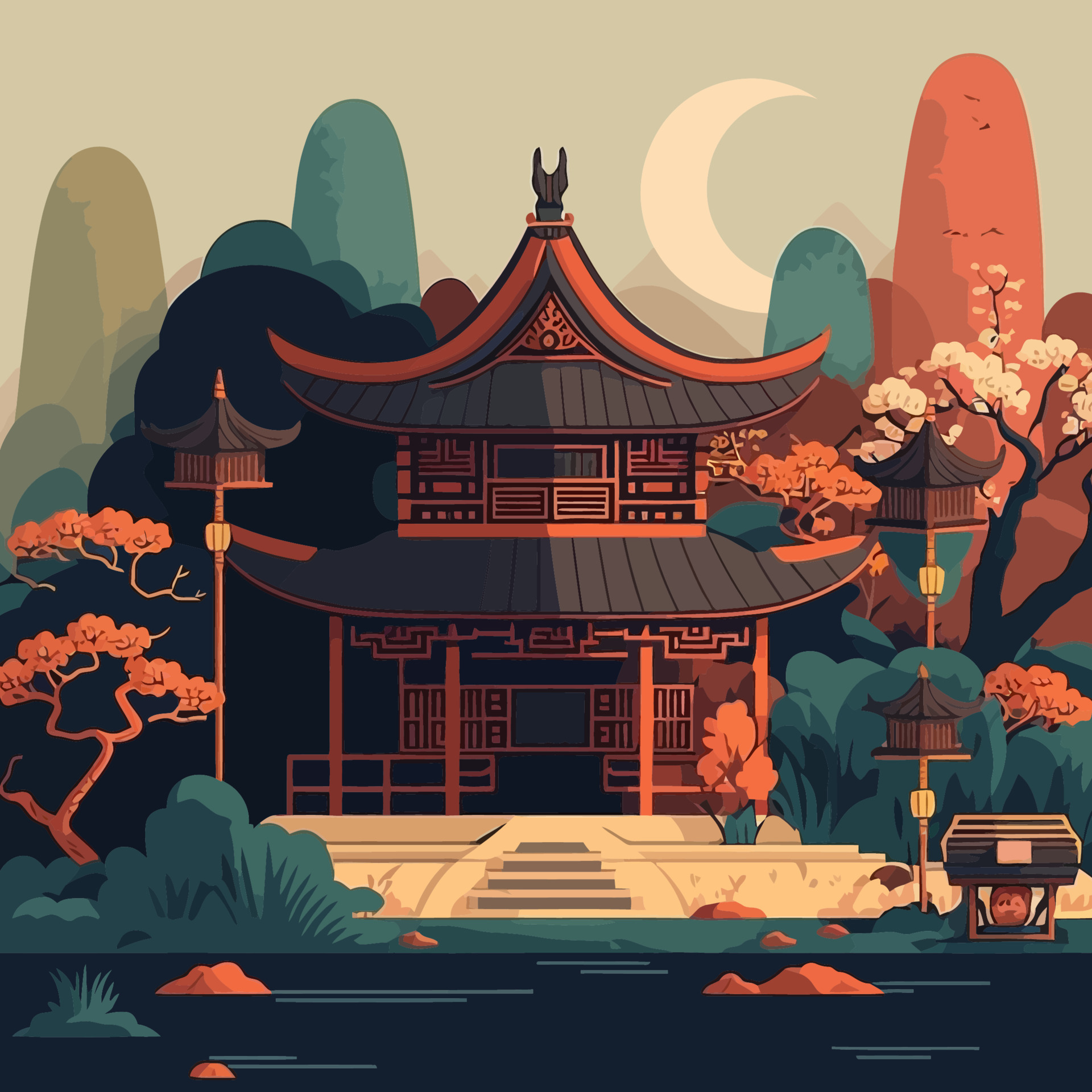 illustration of asian Chinese Japan temple castle and mountains background  15669976 Vector Art at Vecteezy