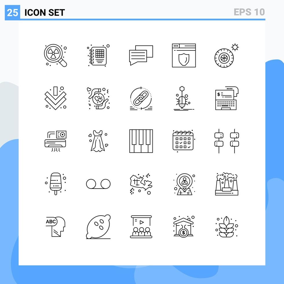 Mobile Interface Line Set of 25 Pictograms of down wheel education tires shield Editable Vector Design Elements