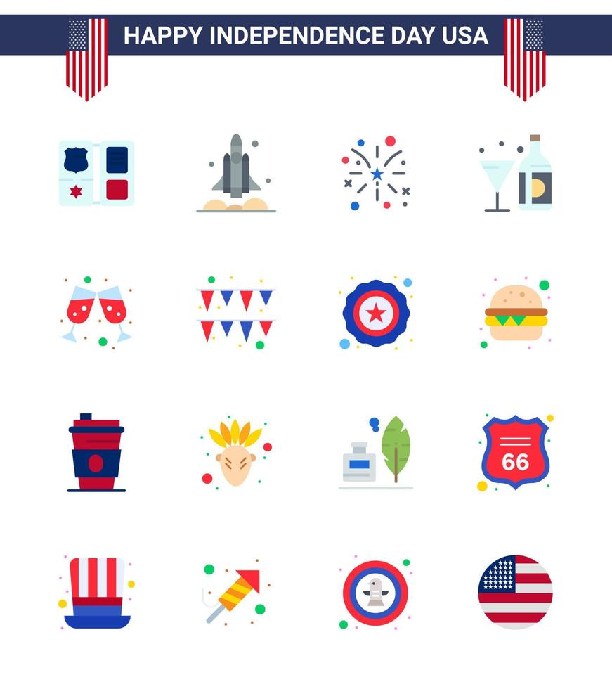 Happy Independence Day USA Pack of 16 Creative Flats of glass american usa wine usa Editable USA Day Vector Design Elements