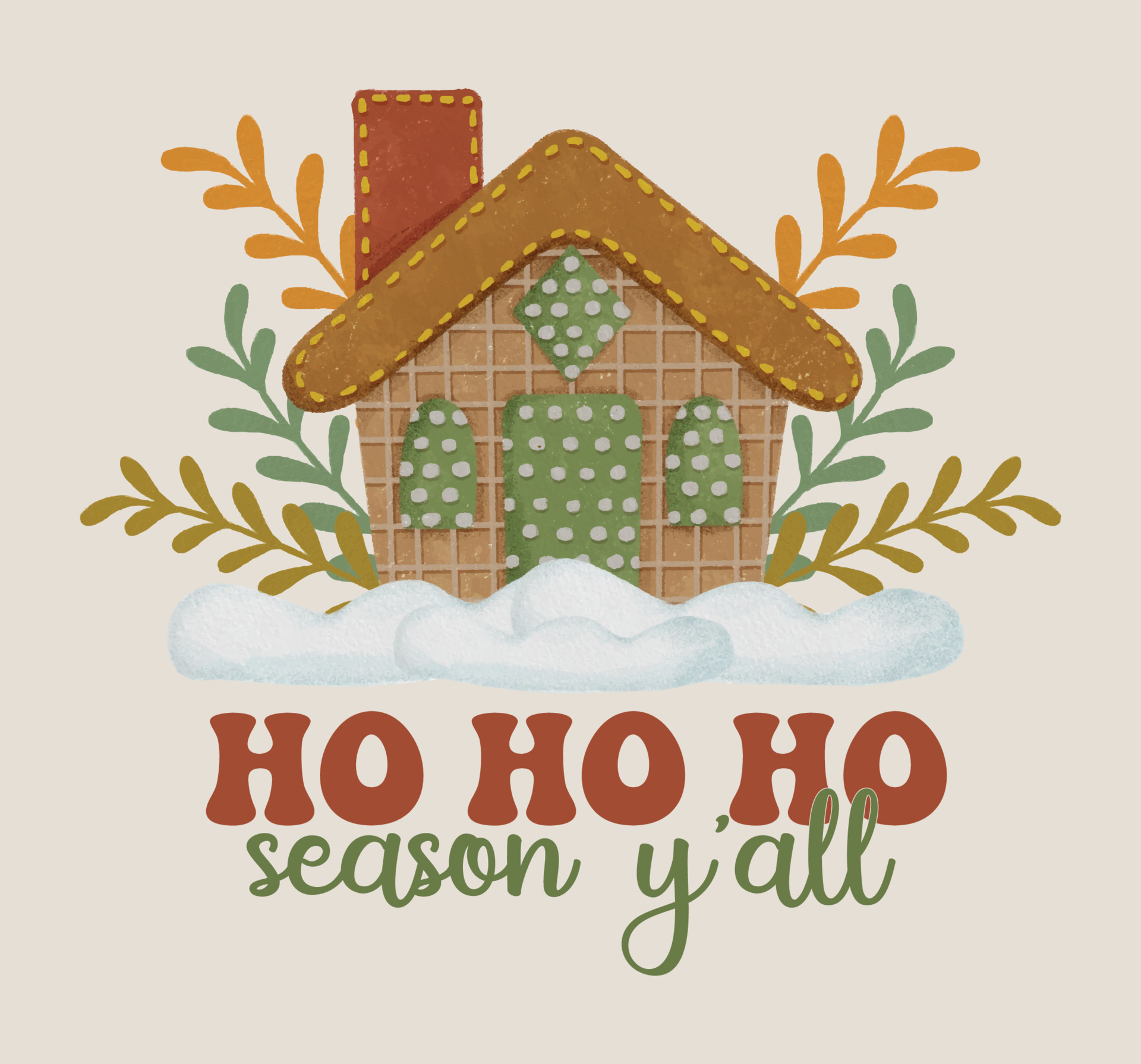 Christmas Ho Ho Ho Card Greeting Quotes with Gingerbread House and Dried Leaves in Snow 