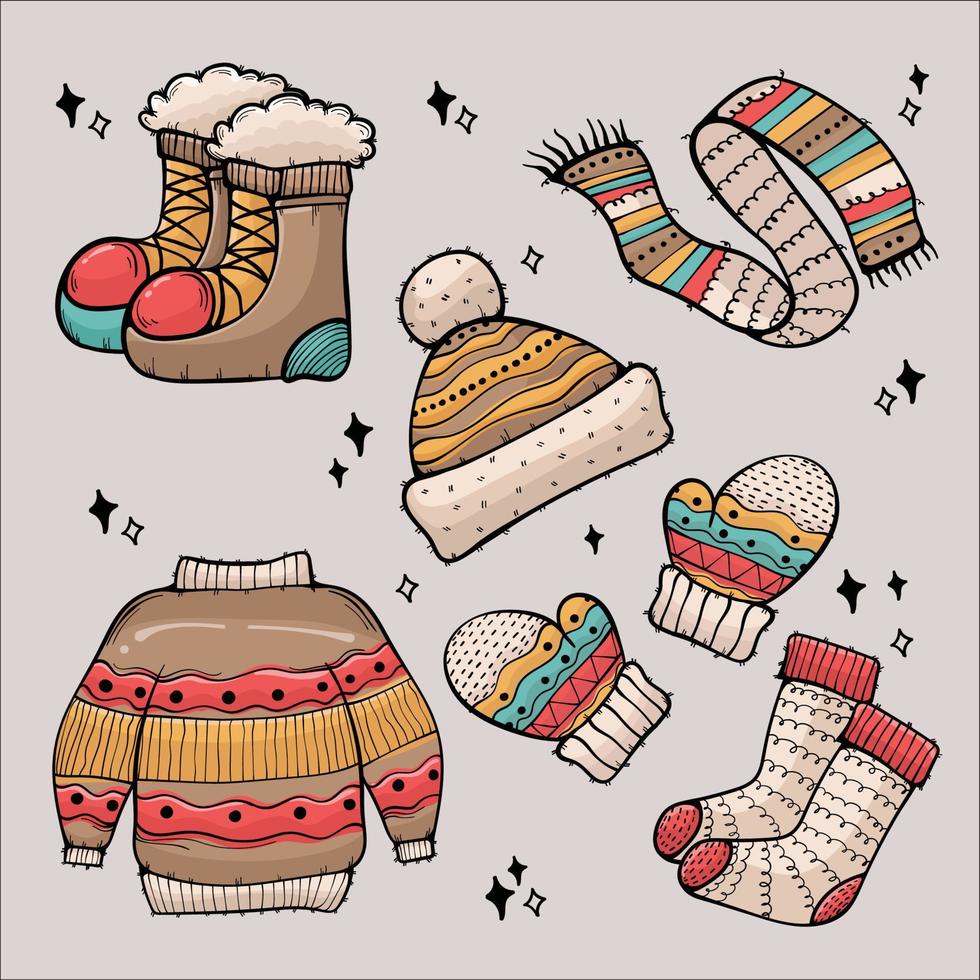 ropa de invierno de lana cálida diseño retro ilustración vectorial conjunto dibujado a mano vector