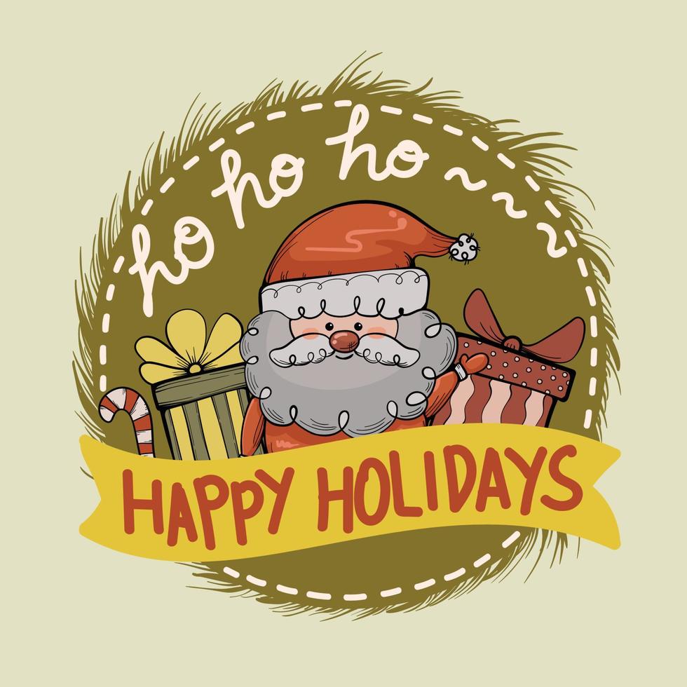 Santa Claus with Happy Holiday Text Surrounded with Gifts Composition Template Design vector