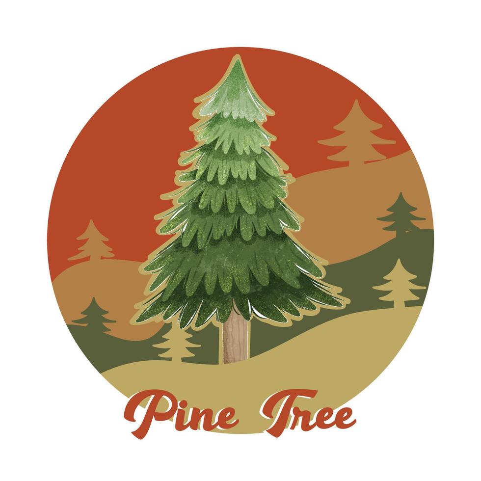 Watercolor Pine Tree Composition with Retro Background of Mountains Vector 03