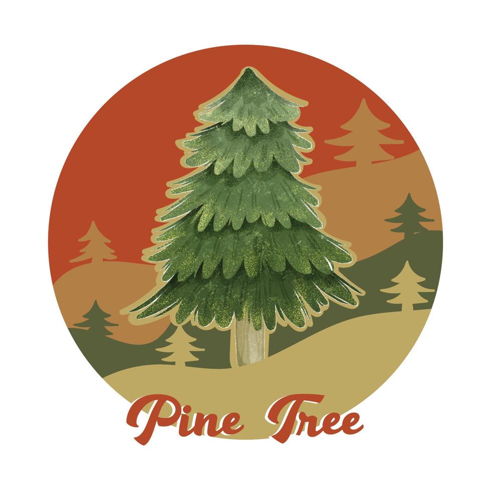 Watercolor Pine Tree Composition with Retro Background of Mountains Vector 04