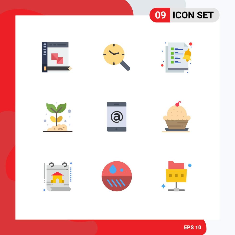 paquete de 9 signos y símbolos de colores planos modernos para medios de impresión web, como elementos de diseño de vectores editables de agricultura de jardín de reloj de naturaleza móvil