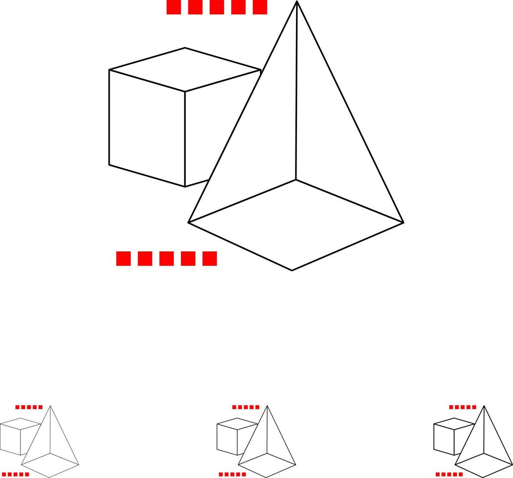 3dmodel 3d caja triángulo negrita y delgada línea negra conjunto de iconos vector