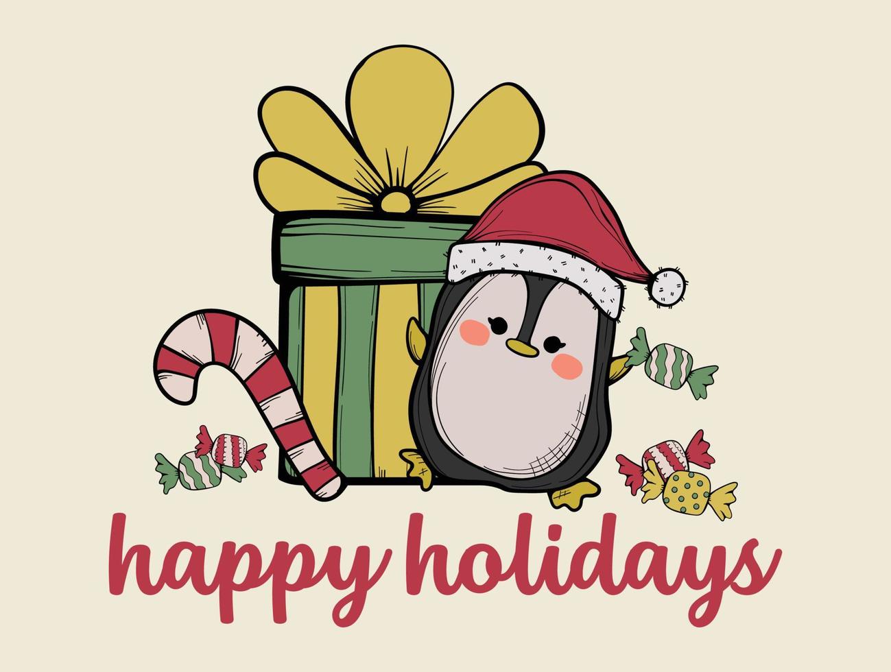 Happy Holidays Text with a Penguin Greeting Card Composition Template for Celebration Illustration vector