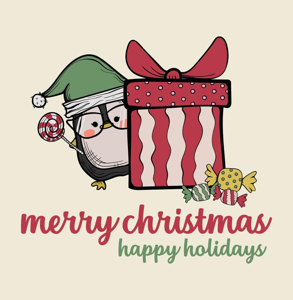 Merry Christmas Happy Holidays Quote with a Penguin Composition Poster for Celebration Illustration vector