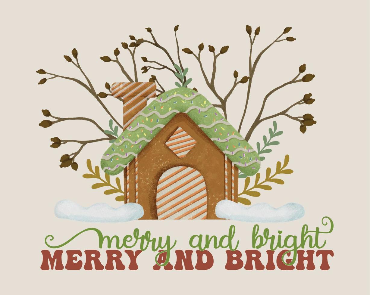 Christmas Card Greeting Quotes with Gingerbread House and Dried Leaves Snow Composition Merry and Bright Text Banner vector