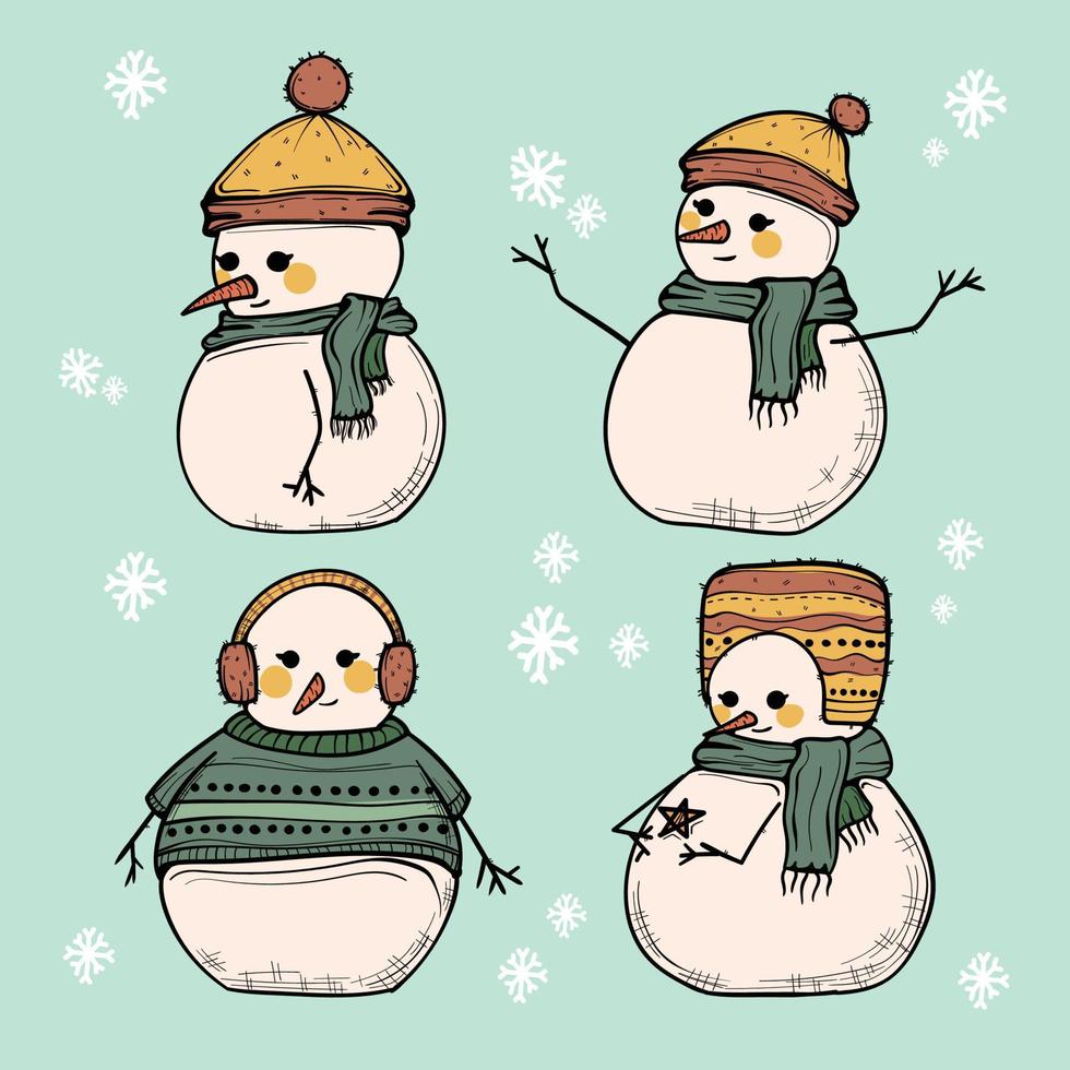 muñeco de nieve para elementos de invierno y navidad vector dibujado a mano recolorable 01