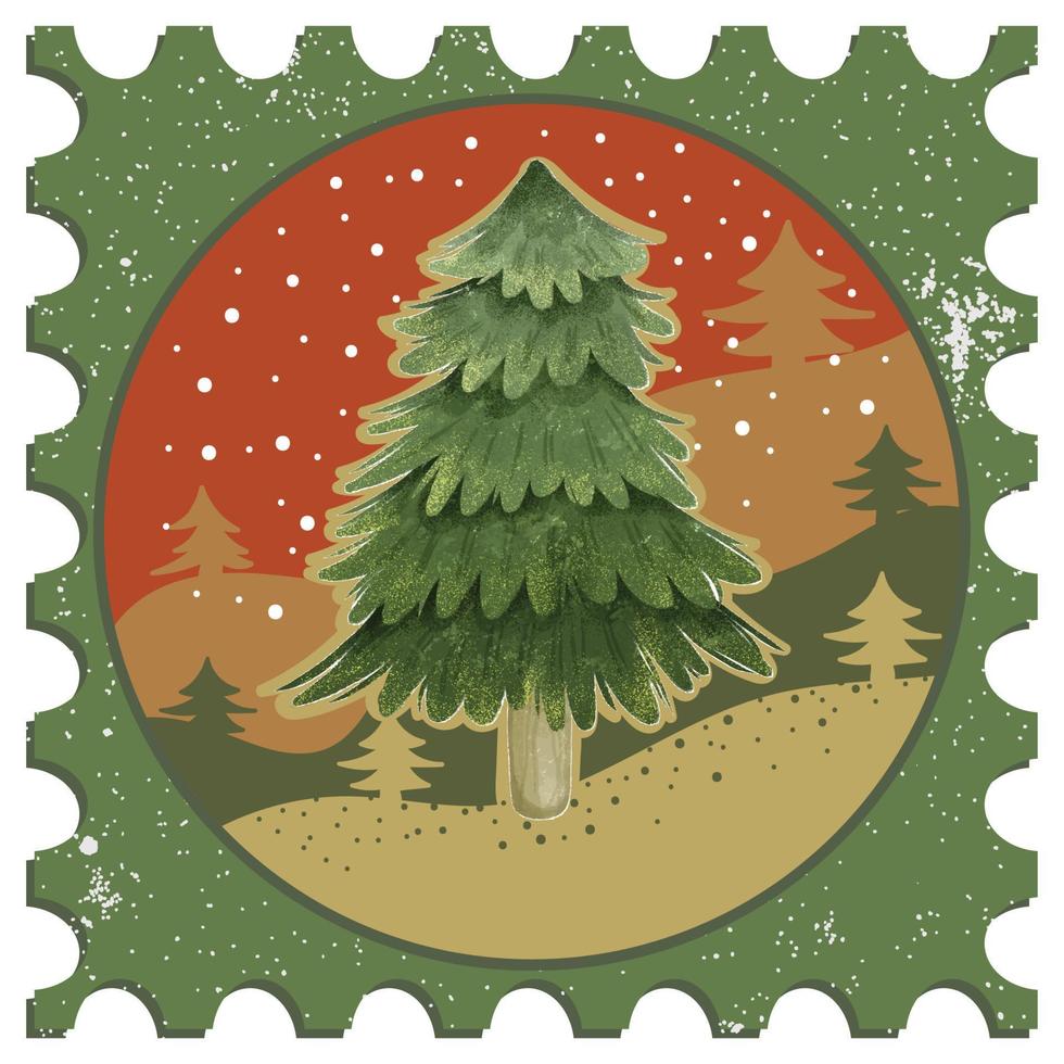 Watercolor Pine Tree Vintage Stamp for Christmas Greeting Cards Vector Composition 04