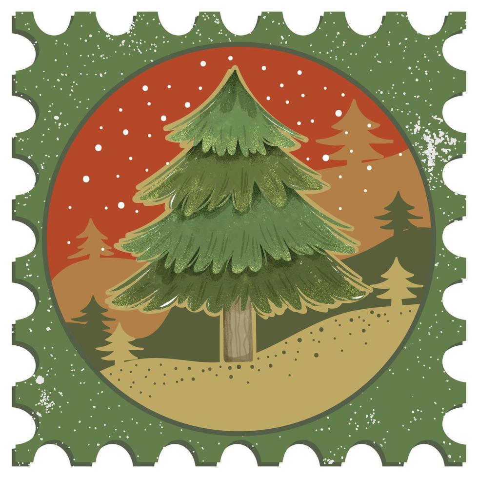 Watercolor Pine Tree Vintage Stamp for Christmas Greeting Cards Vector Composition 01