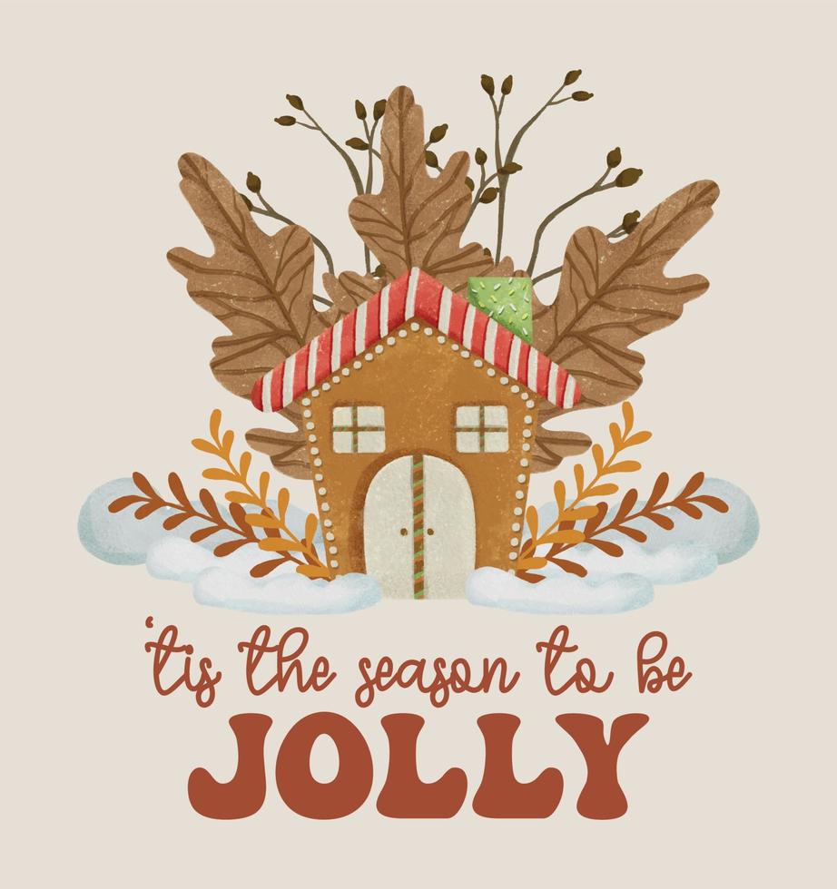 Christmas Card Greeting Quotes with Gingerbread House and Dried Leaves Snow Composition Banner 