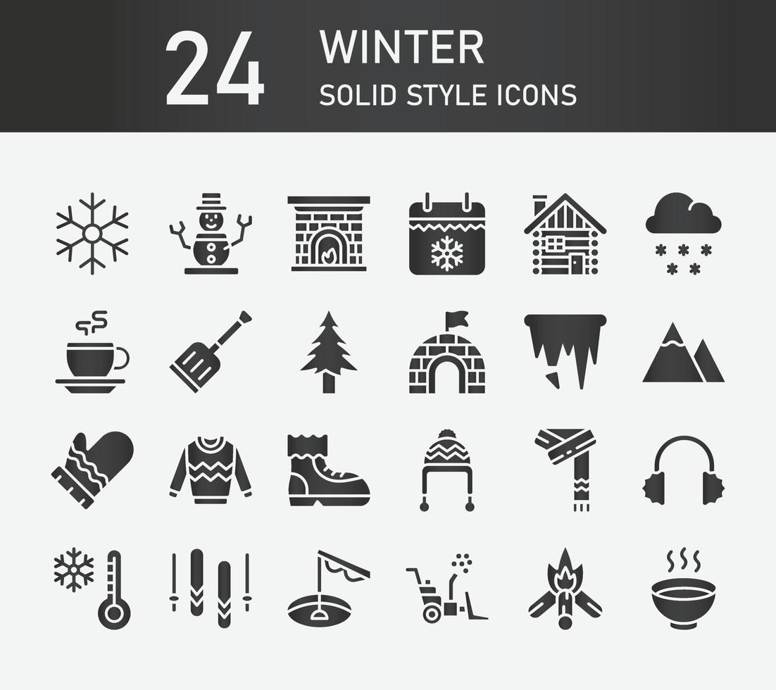 Winter solid icon collection, contains such icons as winter activity, snowflake, weather and winter clothing. Winter silhouette icons collection, Simple web icons set. Editable stroke Icons. vector