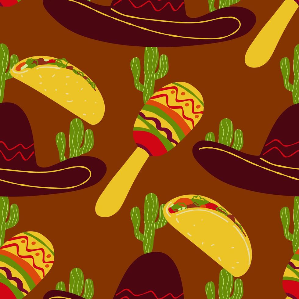 patrón sin costuras con símbolo tradicional mexicano sombrero sombrero, tacos, cactus, maracas ilustración sobre fondo marrón vector