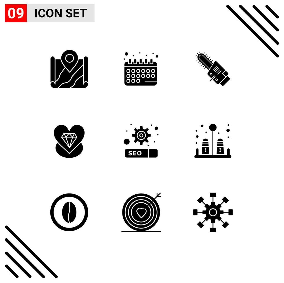 Modern Set of 9 Solid Glyphs Pictograph of gear heart schedule love cordless Editable Vector Design Elements