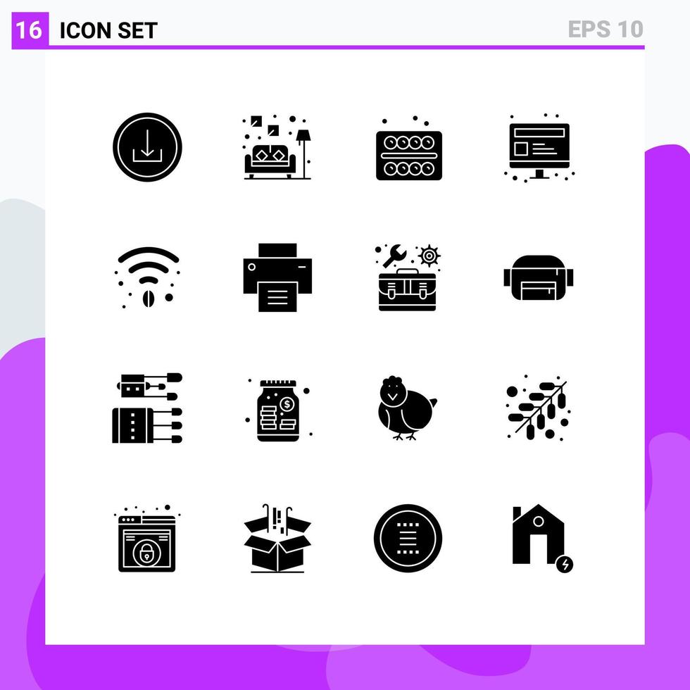 Mobile Interface Solid Glyph Set of 16 Pictograms of wifi cafe painting webpage seo Editable Vector Design Elements