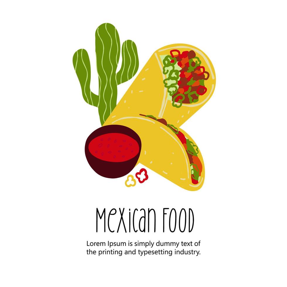 Ilustración de comida mexicana tacos y burrito aislado sobre fondo blanco. vector