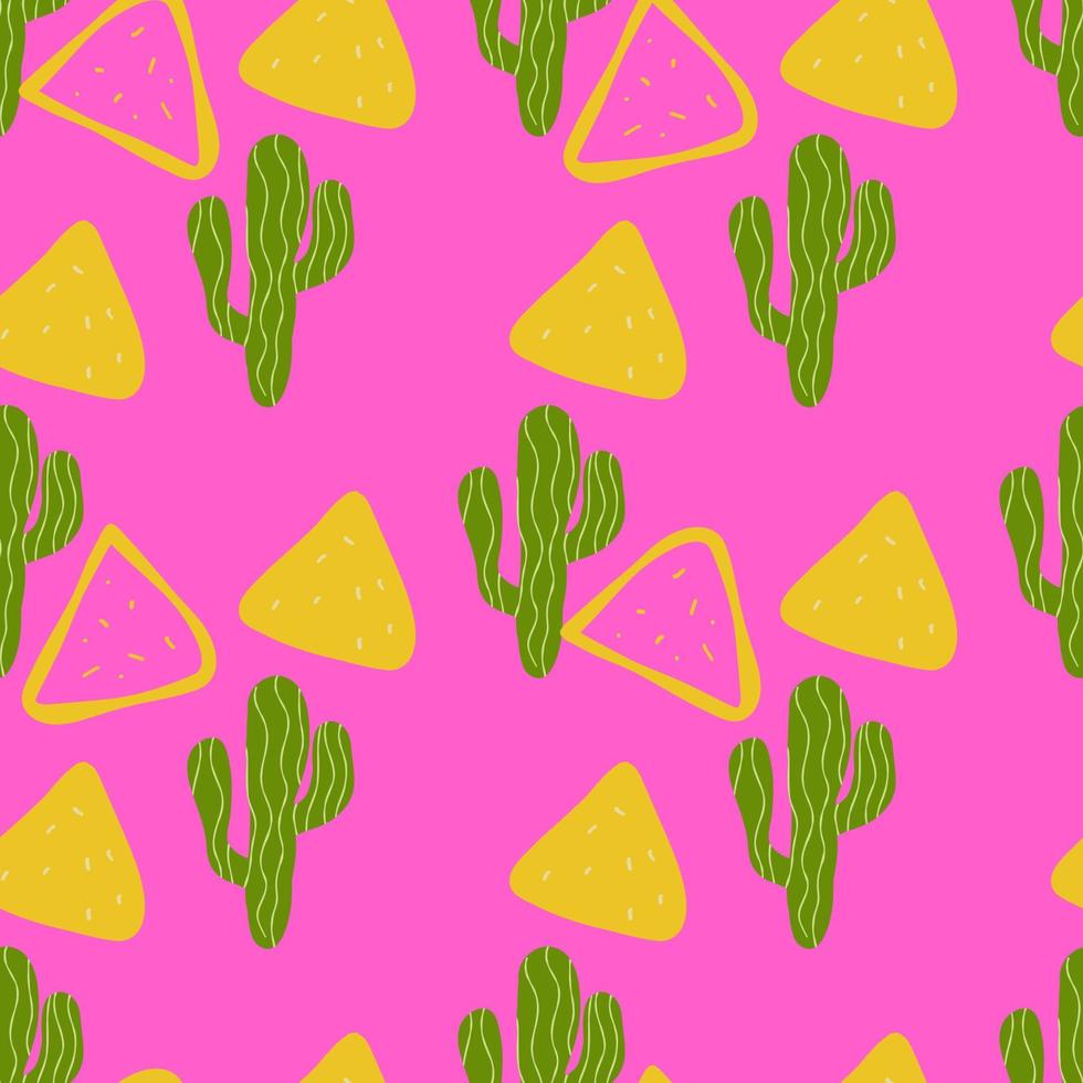 Seamless pattern with Mexican food nachos  and cactus illustration on pink background vector