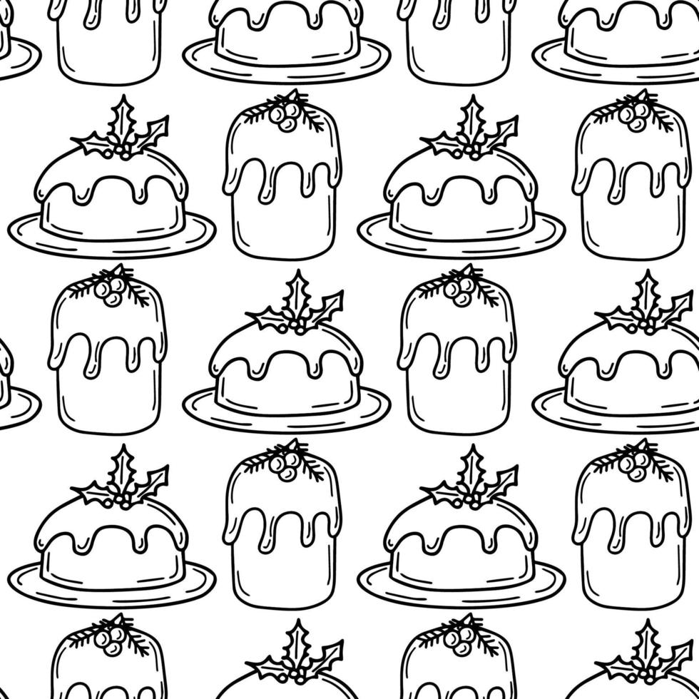 Seamless pattern with traditional Christmas cake and cocoa with marshmallows in doodle style vector