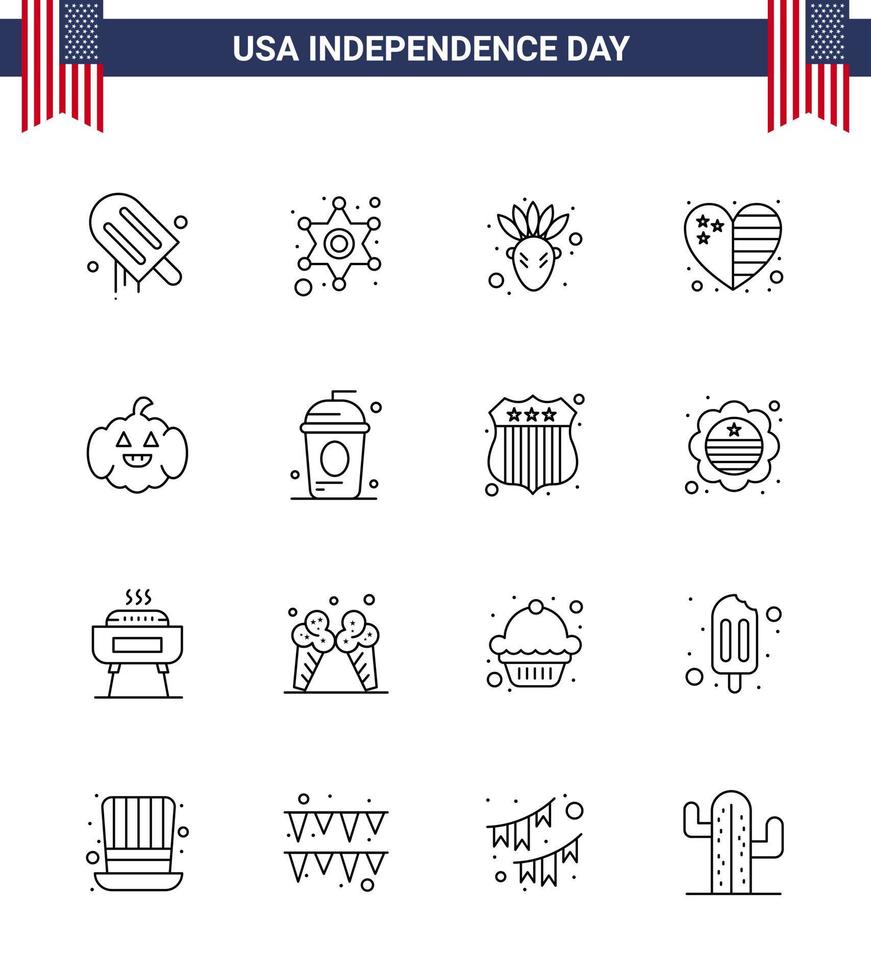 Big Pack of 16 USA Happy Independence Day USA Vector Lines and Editable Symbols of usa pumkin american usa country Editable USA Day Vector Design Elements