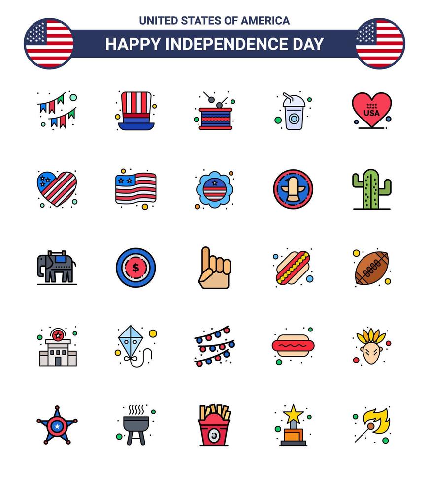 feliz día de la independencia 4 de julio conjunto de 25 líneas planas llenas pictografía americana de soda cola usa botella independencia elementos de diseño vectorial editables del día de usa vector