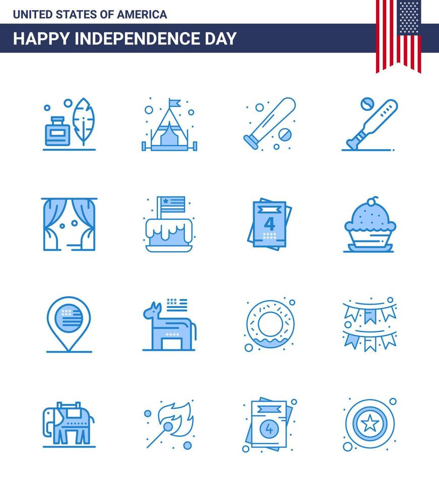 Set of 16 Vector Blues on 4th July USA Independence Day such as cake usa baseball theatre entertainment Editable USA Day Vector Design Elements