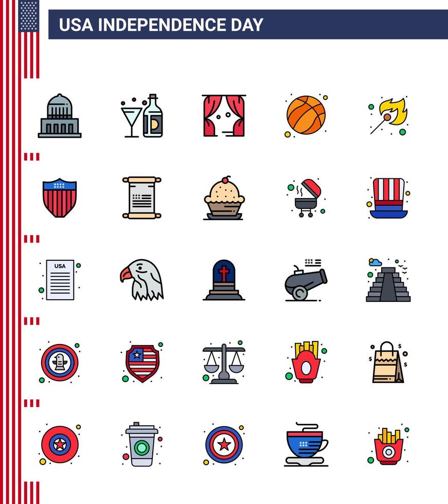 conjunto de 25 líneas llenas planas modernas paquete en el día de la independencia de estados unidos bola de cristal de fútbol de campamento elementos de diseño de vector de día de estados unidos editables de estados unidos