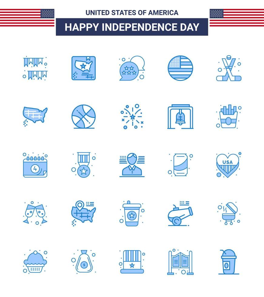 Set of 25 Modern Blues pack on USA Independence Day hockey thanksgiving world flag chat bubble Editable USA Day Vector Design Elements