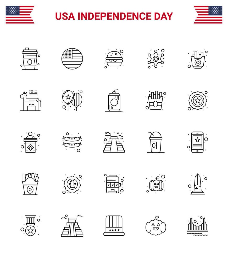 25 signos de línea de estados unidos celebración del día de la independencia símbolos de papas fritas hamburguesa rápida policía signo policía elementos de diseño de vector de día de estados unidos editables