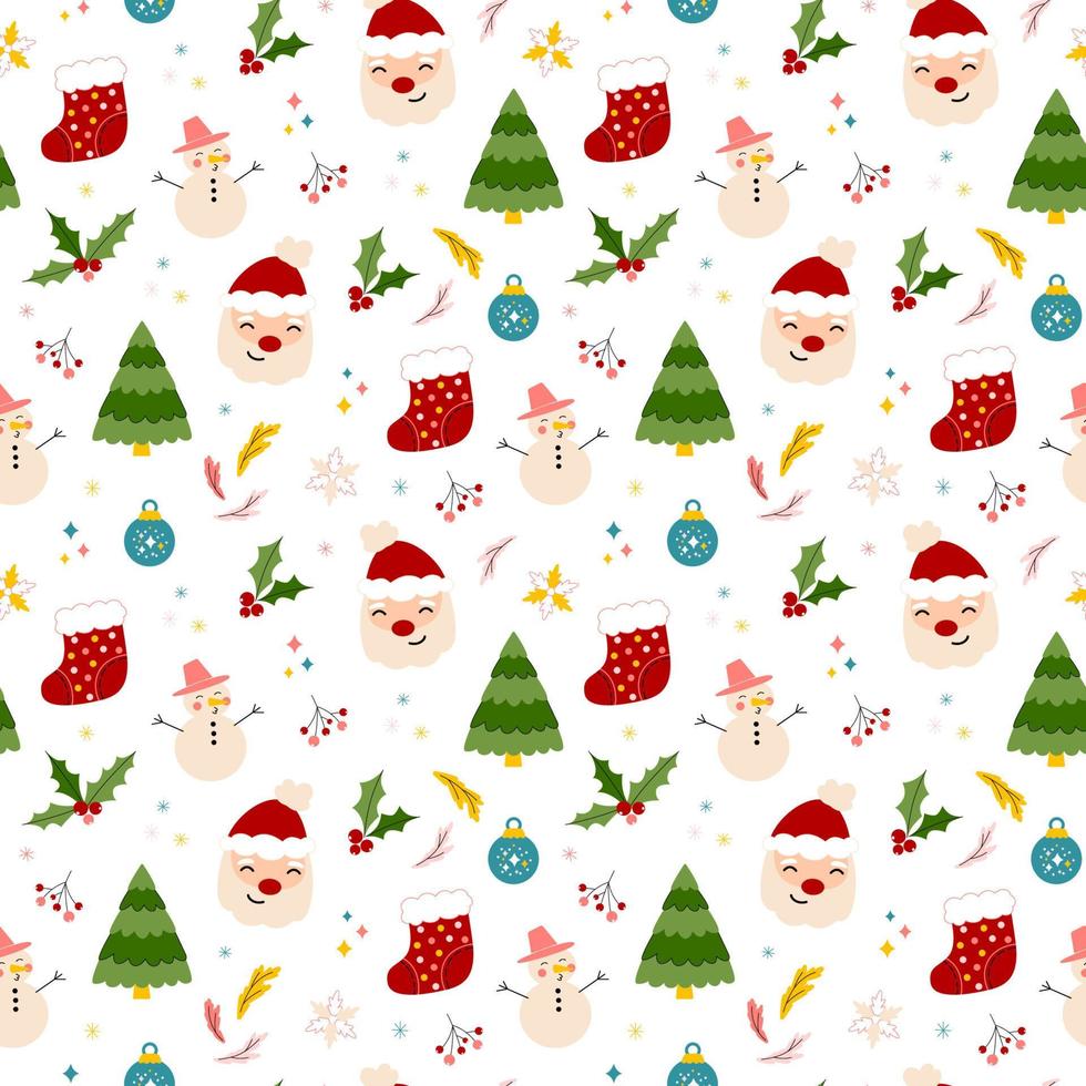Cute childish winter print with Santa Claus, snowman, evergreen tree, socks and holly berries. Festive cartoon print for kids textile, wrapping paper vector