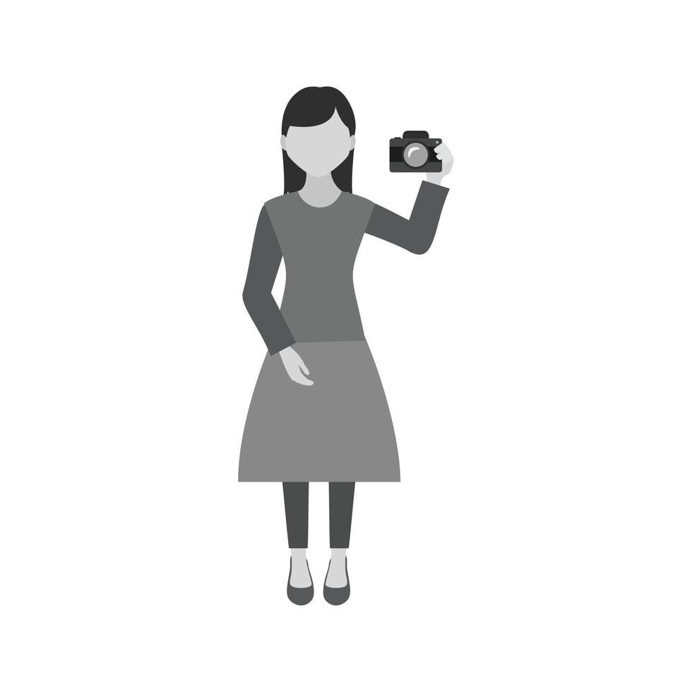 mujer tomando foto icono plano en escala de grises vector