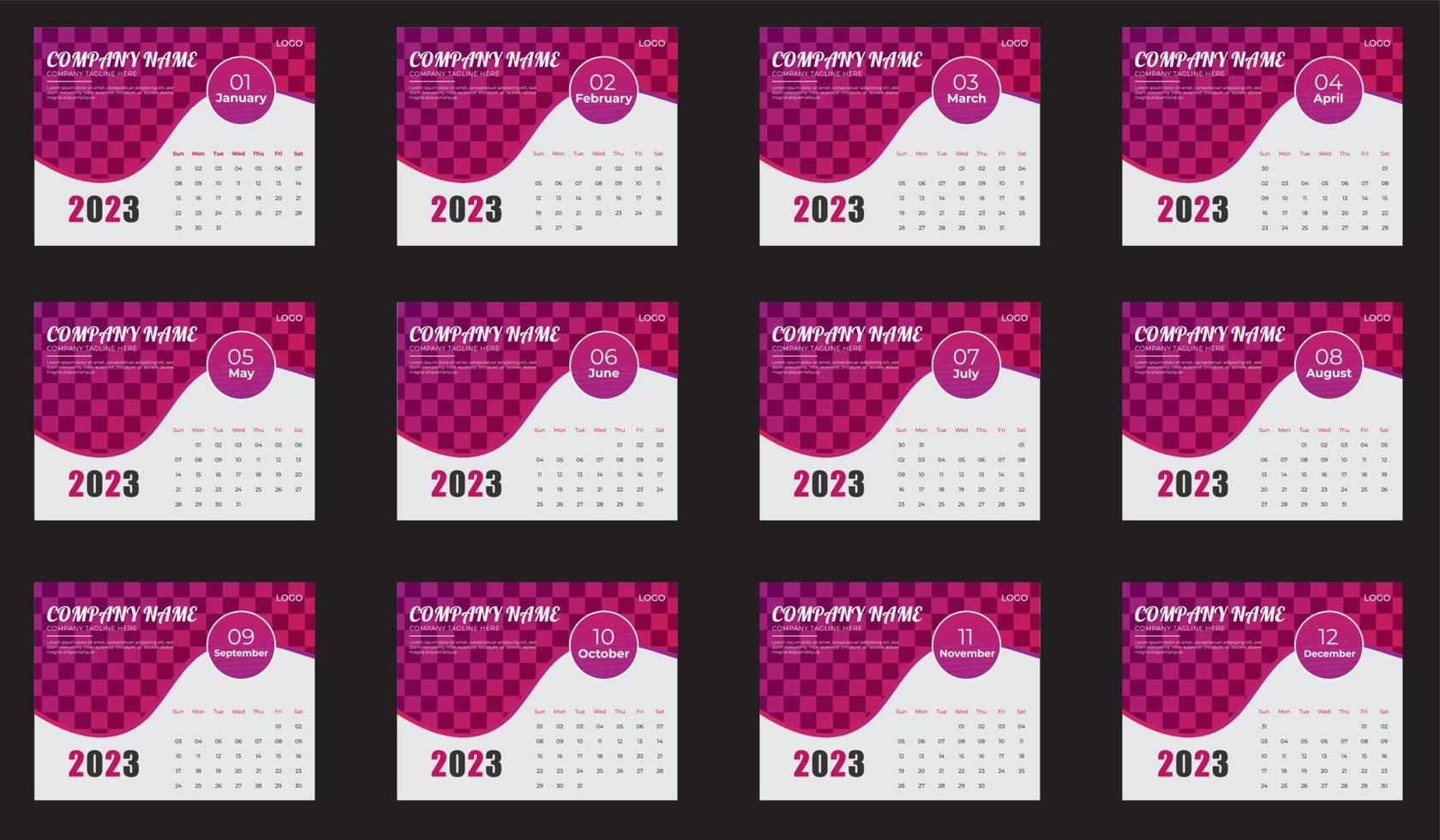 plantilla de calendario de escritorio de año nuevo 2023 12 meses incluidos, calendario de escritorio de feliz año nuevo 2023, vector