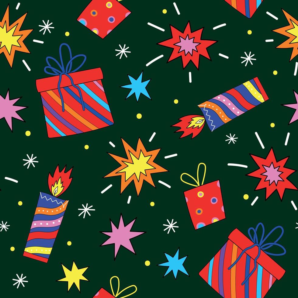 Holiday Christmas Vibrant Seamless Pattern with Christmas Decorations. Retro Colorful Fancy Holiday Christmas Background vector