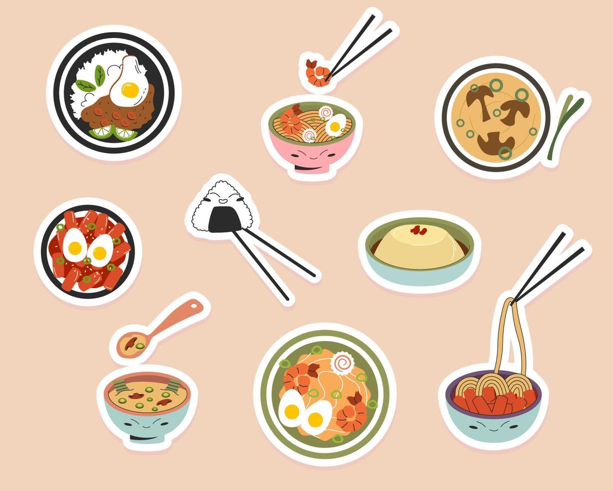 lindo paquete de pegatinas con comida asiática tradicional. ilustración de stock vectorial sobre fondo rosa en estilo plano vector