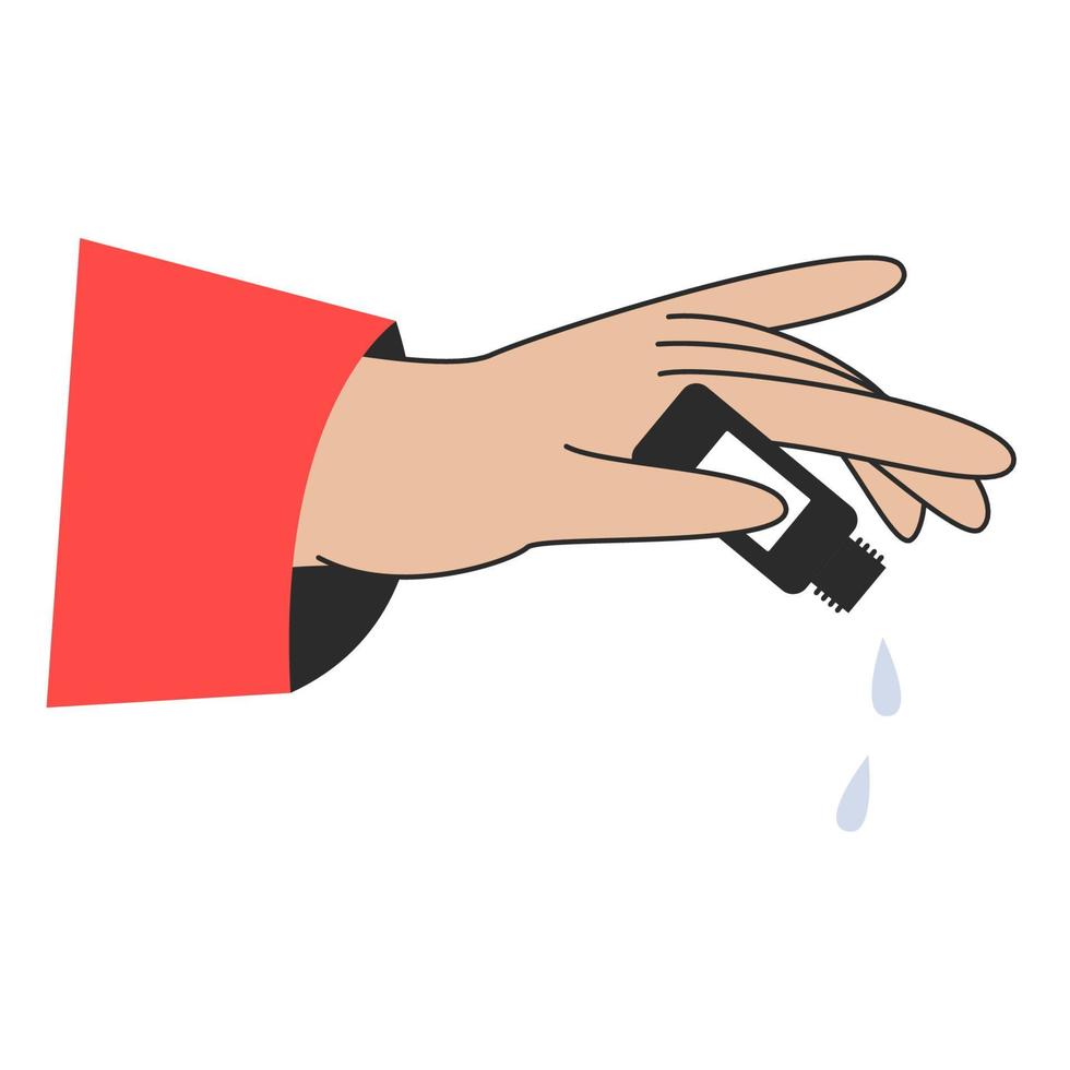 A woman hand holds a jar with essential oil illustration. Vector minimalistic stock illustration isolated on white background
