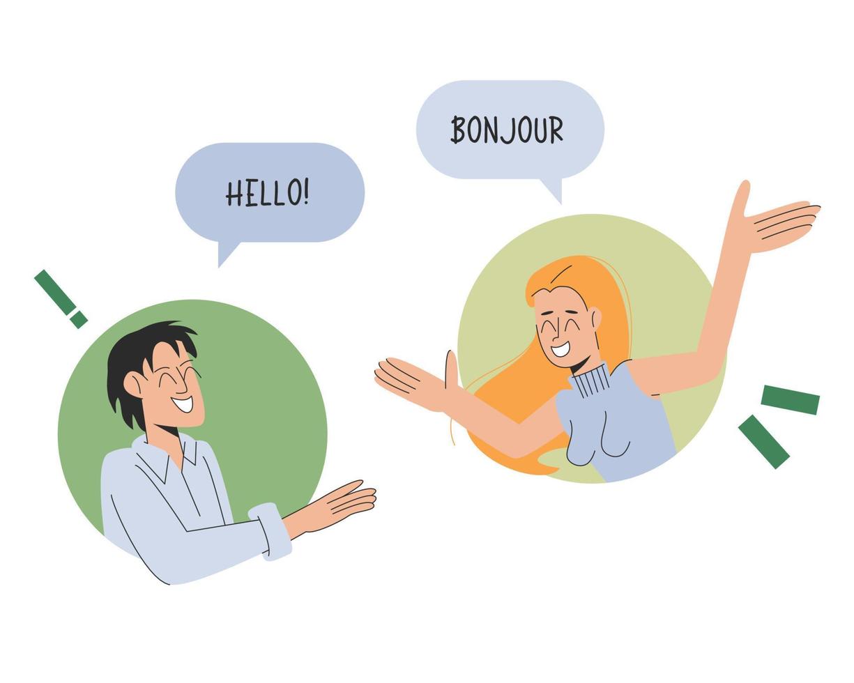 hombre y mujer se comunican en un idioma extranjero en un chat en línea, ilustración vectorial aislada en fondo blanco vector