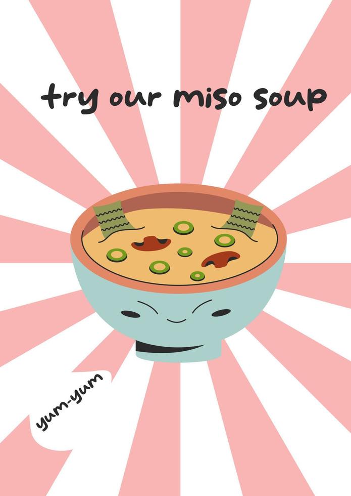 Try our miso soup Flyer poster design with korean miso mushroom soup food. Vector stock illustration on white pink background. Flat style